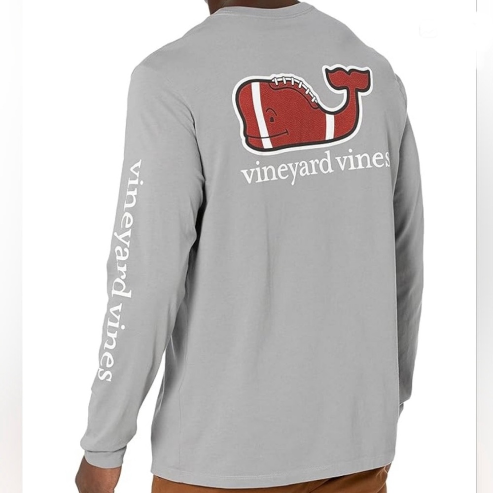 Vineyard Vines Light Gray Long Sleeve Tee with Football Whale Graphic